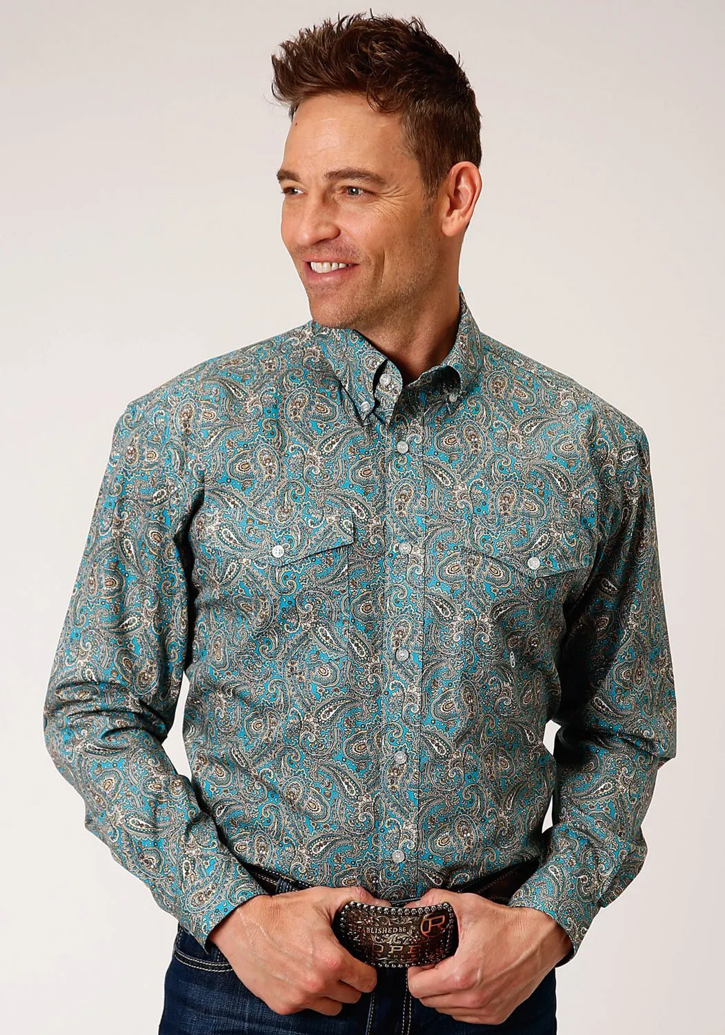 Sporty Comfort Trendy Pattern Roper Mens Turquoise 100% Cotton Saddle Paisley BD L/S Button Shirt
