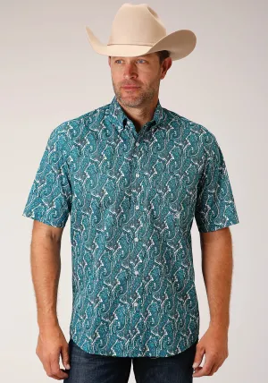 Roper Mens Turquoise 100% Cotton Upstream Paisley BD S/S 1 Pkt Shirt Summer Ready Roper Mens Turquoise 100% Cotton Upstream Paisley BD S/S 1 Pkt Shirt Modern Appeal Reinforced Shoulders