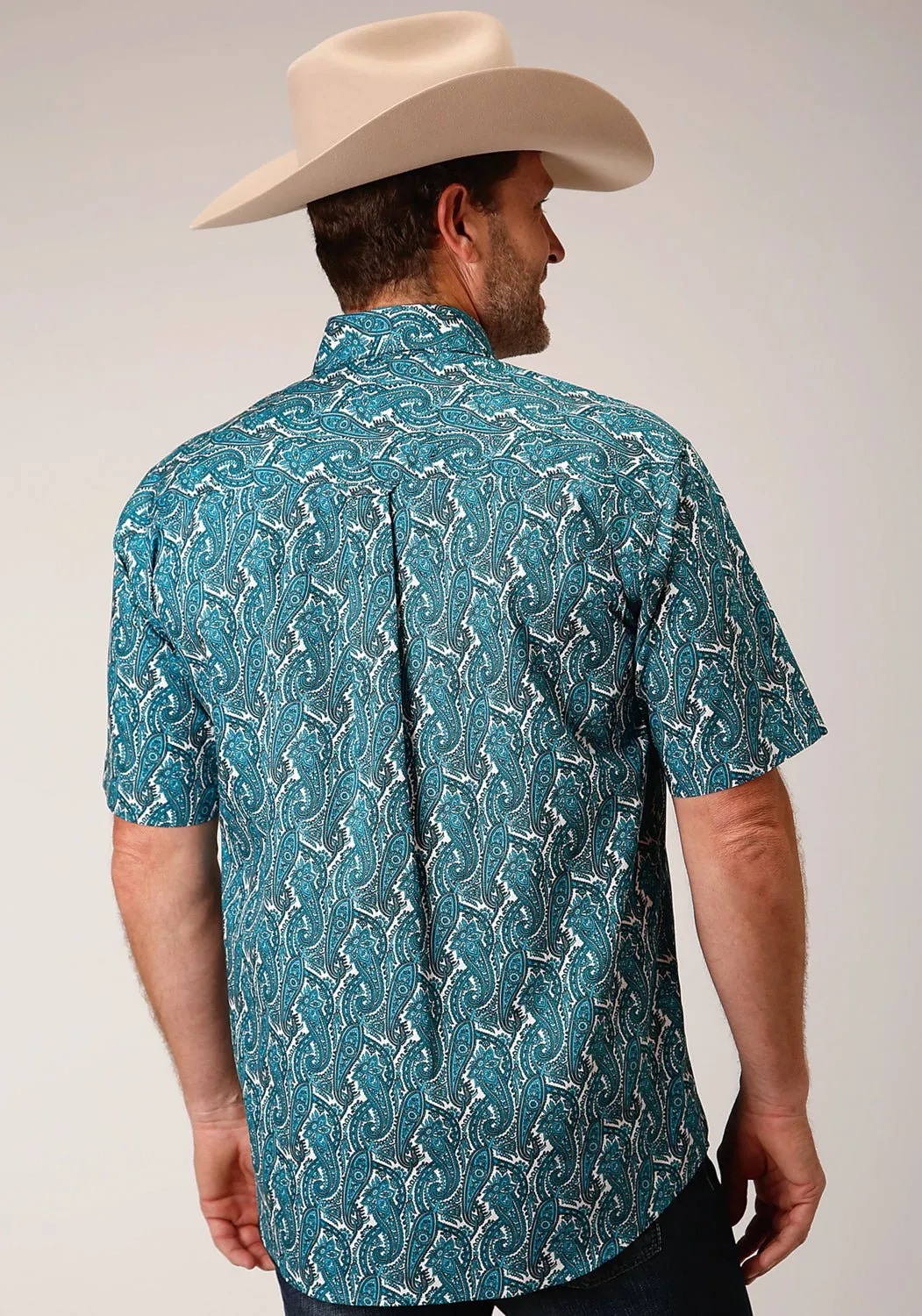 Breathable mesh Effortless Style Roper Mens Turquoise 100% Cotton Upstream Paisley BD S/S 1 Pkt Shirt