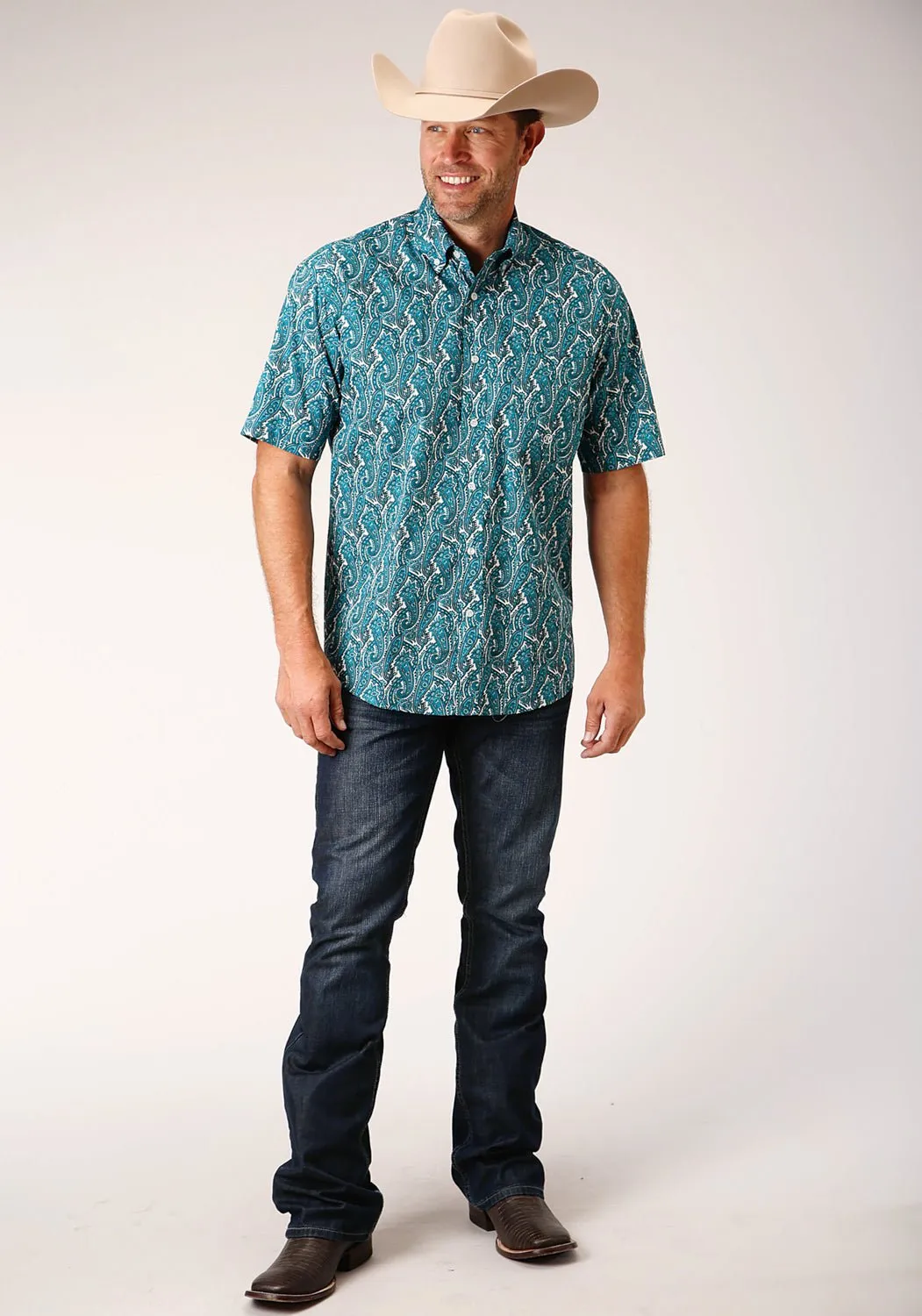 Seasonal Collection Wrinkle Resistant Finish Roper Mens Turquoise 100% Cotton Upstream Paisley BD S/S 1 Pkt Shirt