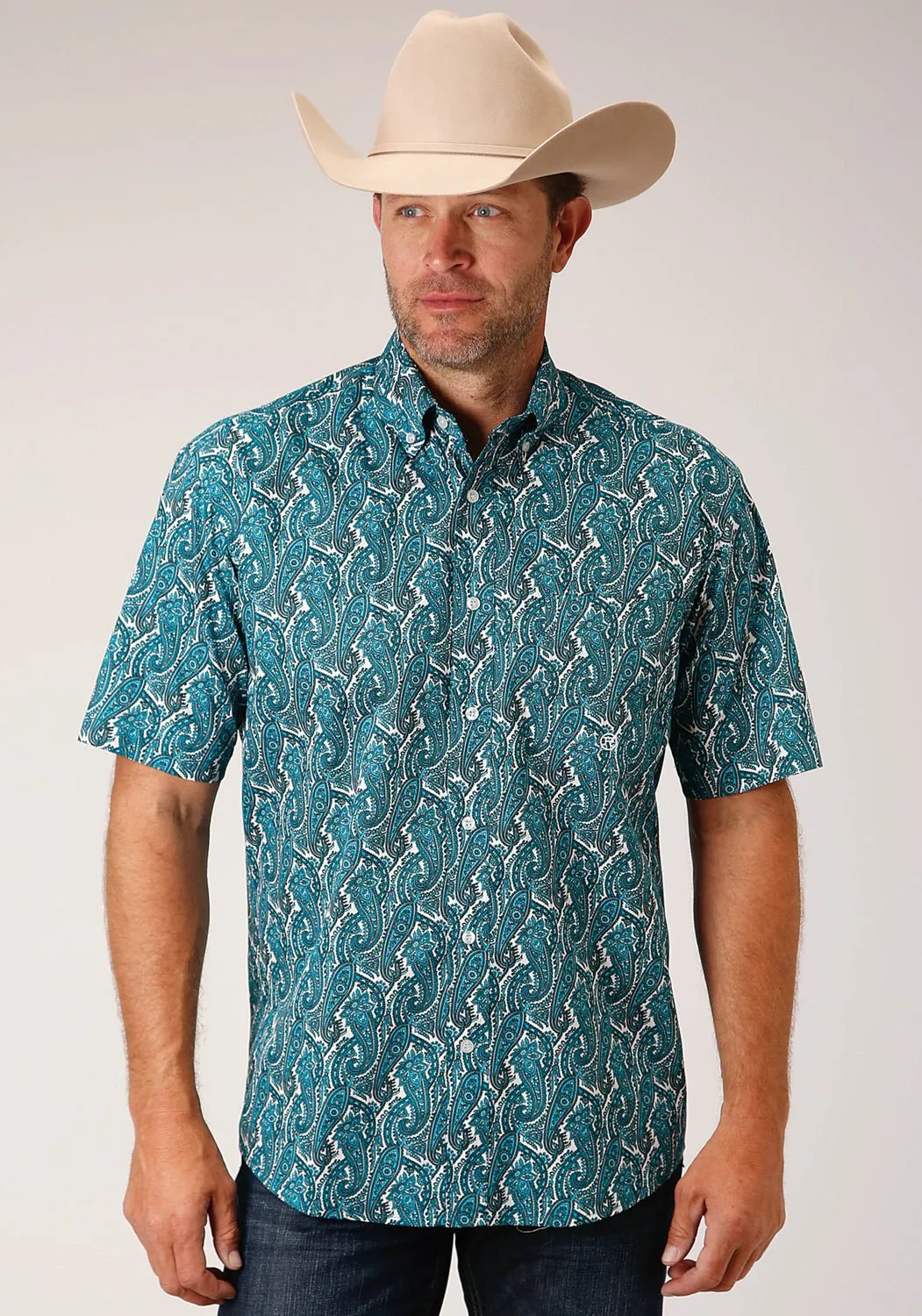 Roper Mens Turquoise 100% Cotton Upstream Paisley BD S/S 1 Pkt Shirt ethical fashion Perfect Layer