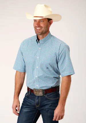 Roper Mens Turquoise Cotton Blend Stretch Check BD S/S Shirt Functional Comfort