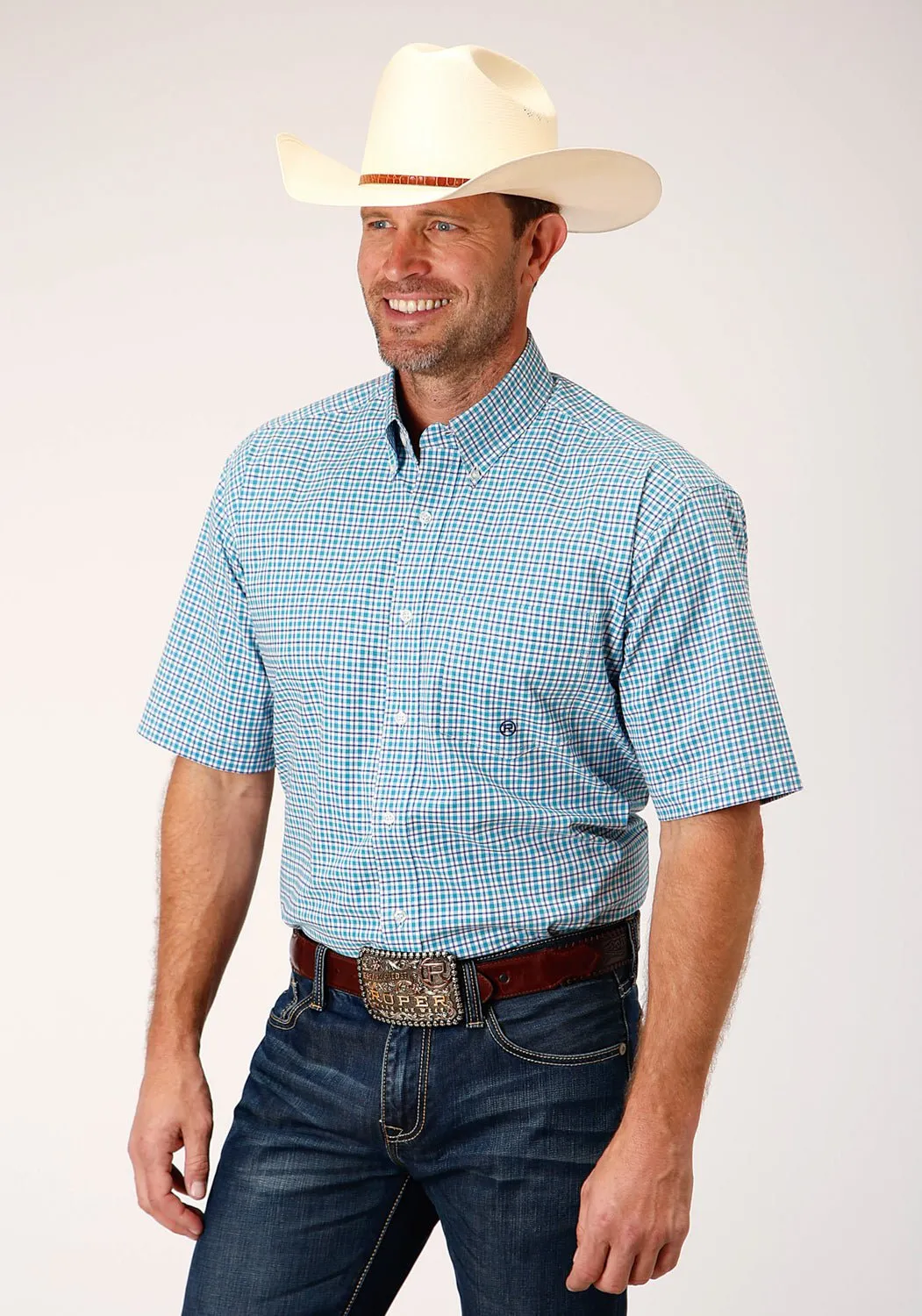 Roper Mens Turquoise Cotton Blend Stretch Check BD S/S Shirt Ergonomic Back Panel Wardrobe Must-Have