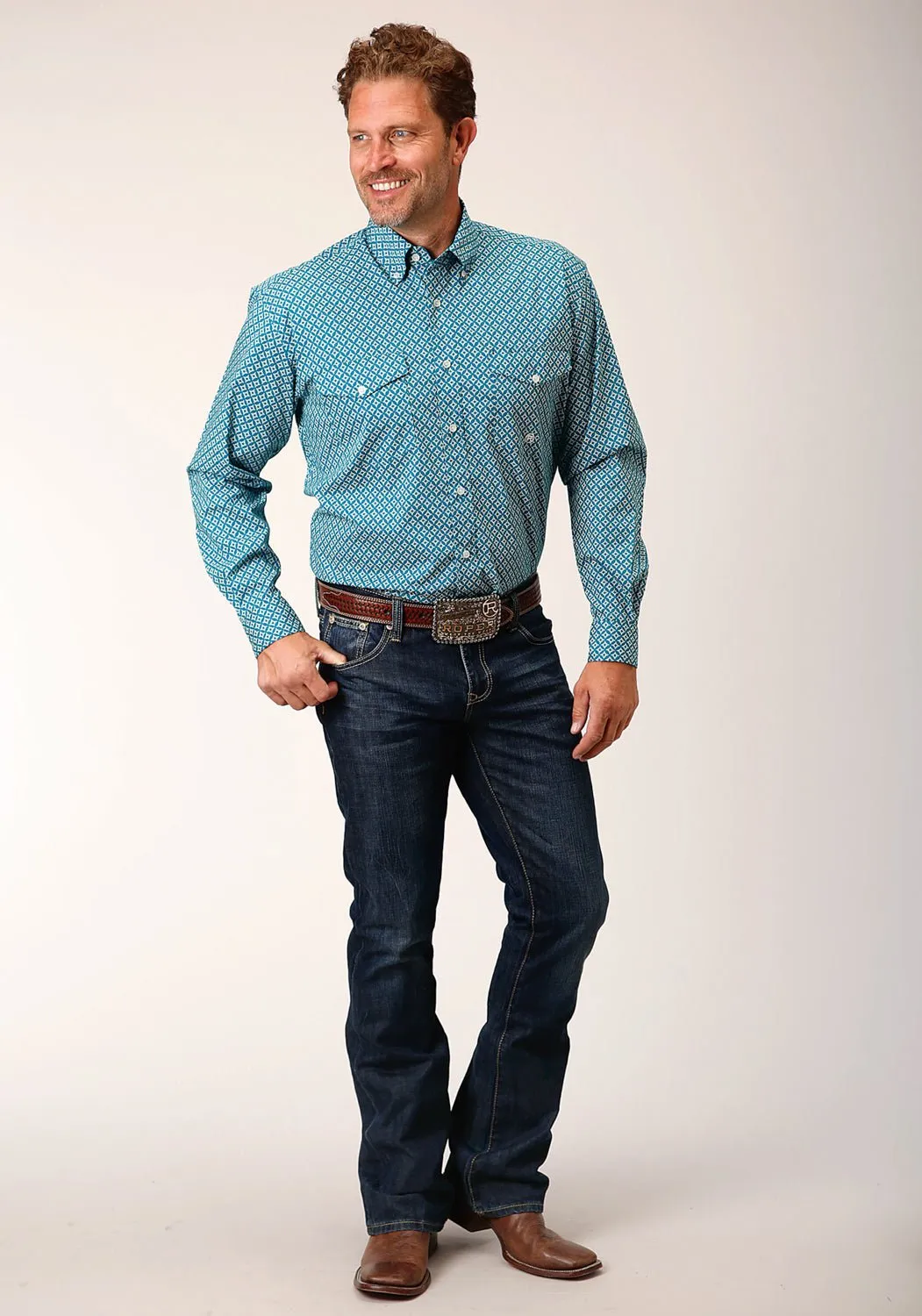Roper Mens Turquoise Diamond Print Blue Cotton Blend L/S Shirt Active Design