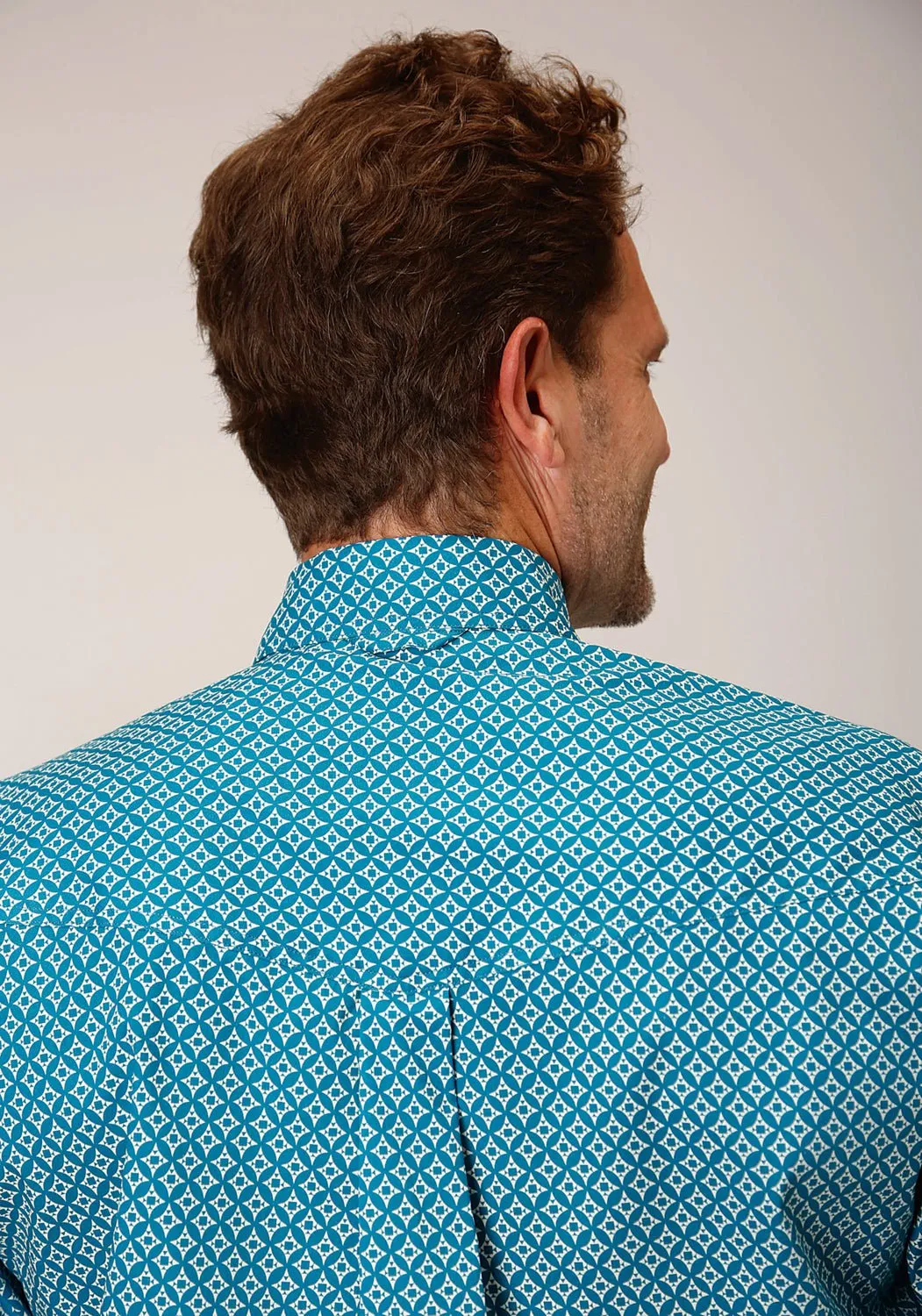 No Chafe Edging Roper Mens Turquoise Diamond Print Blue Cotton Blend L/S Shirt