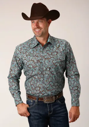 Roper Mens Turquoise Mine Paisley Blue 100% Cotton L/S Shirt Everyday Essentials Street Comfort Roper Mens Turquoise Mine Paisley Blue 100% Cotton L/S Shirt