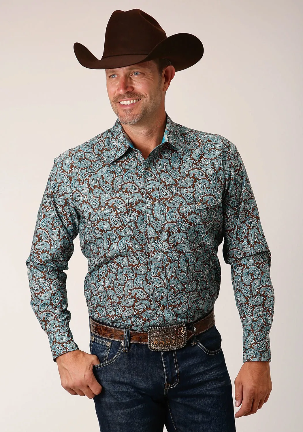Street Comfort Roper Mens Turquoise Mine Paisley Blue 100% Cotton L/S Shirt