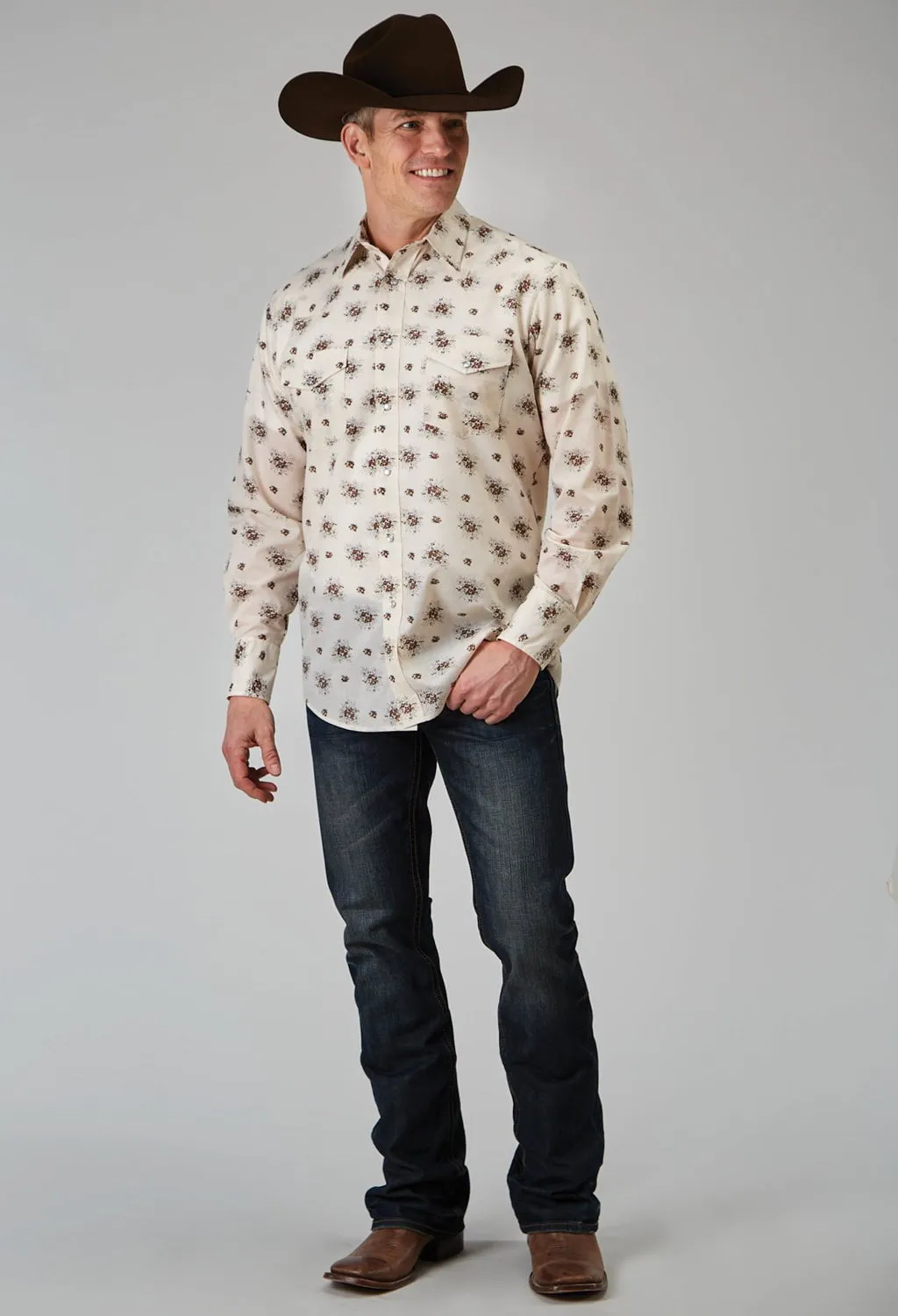 Roper Mens Vintage Floral Cream Cotton Blend L/S Shirt Perfect Layer