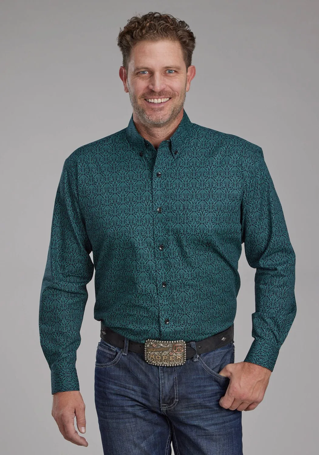 Workwear Approved Smooth Finish Roper Mens Vintage Paisley Green 100% Cotton 1 Pkt L/S Shirt