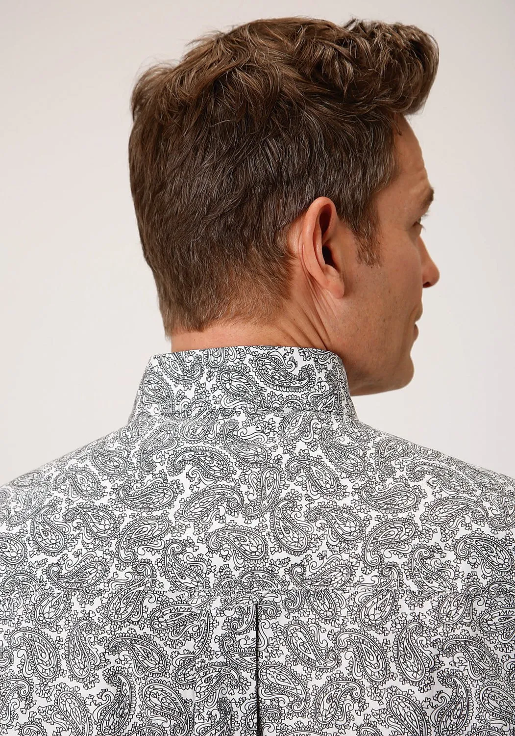 Roper Mens White 100% Cotton Line Paisley BD L/S 1 Pkt Shirt Printed Pattern