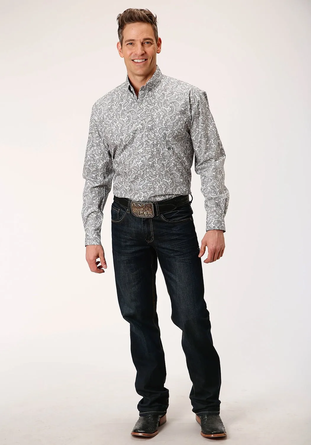 Chic Comfort Seasonal Comfort Roper Mens White 100% Cotton Line Paisley BD L/S 1 Pkt Shirt