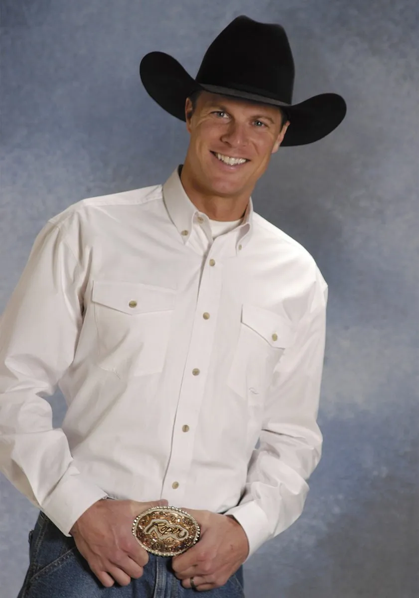 Autumn Look Mix-And-Match Roper Mens White 100% Cotton L/S Button Down Solid Poplin Western Shirt
