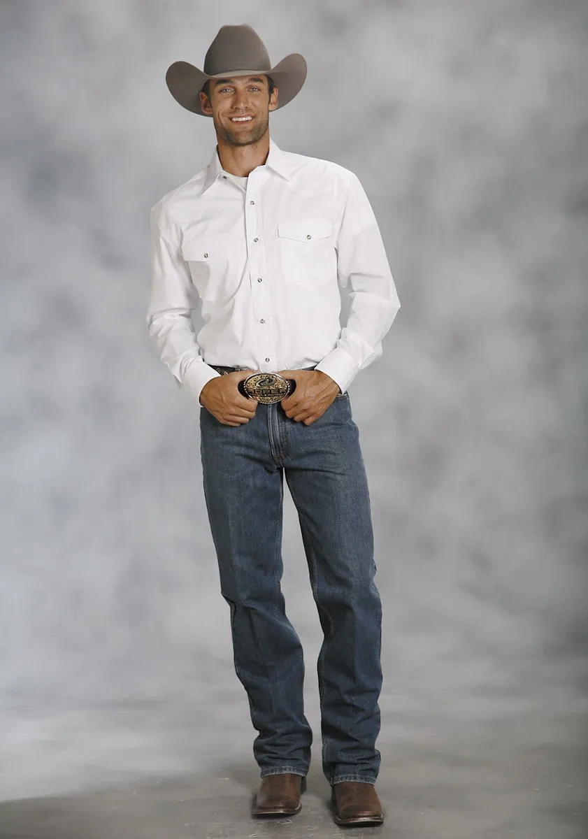 Wrinkle Free Care Unisex Design Roper Mens White 100% Cotton L/S Snap 1 Pt Back Yoke Poplin Western Shirt