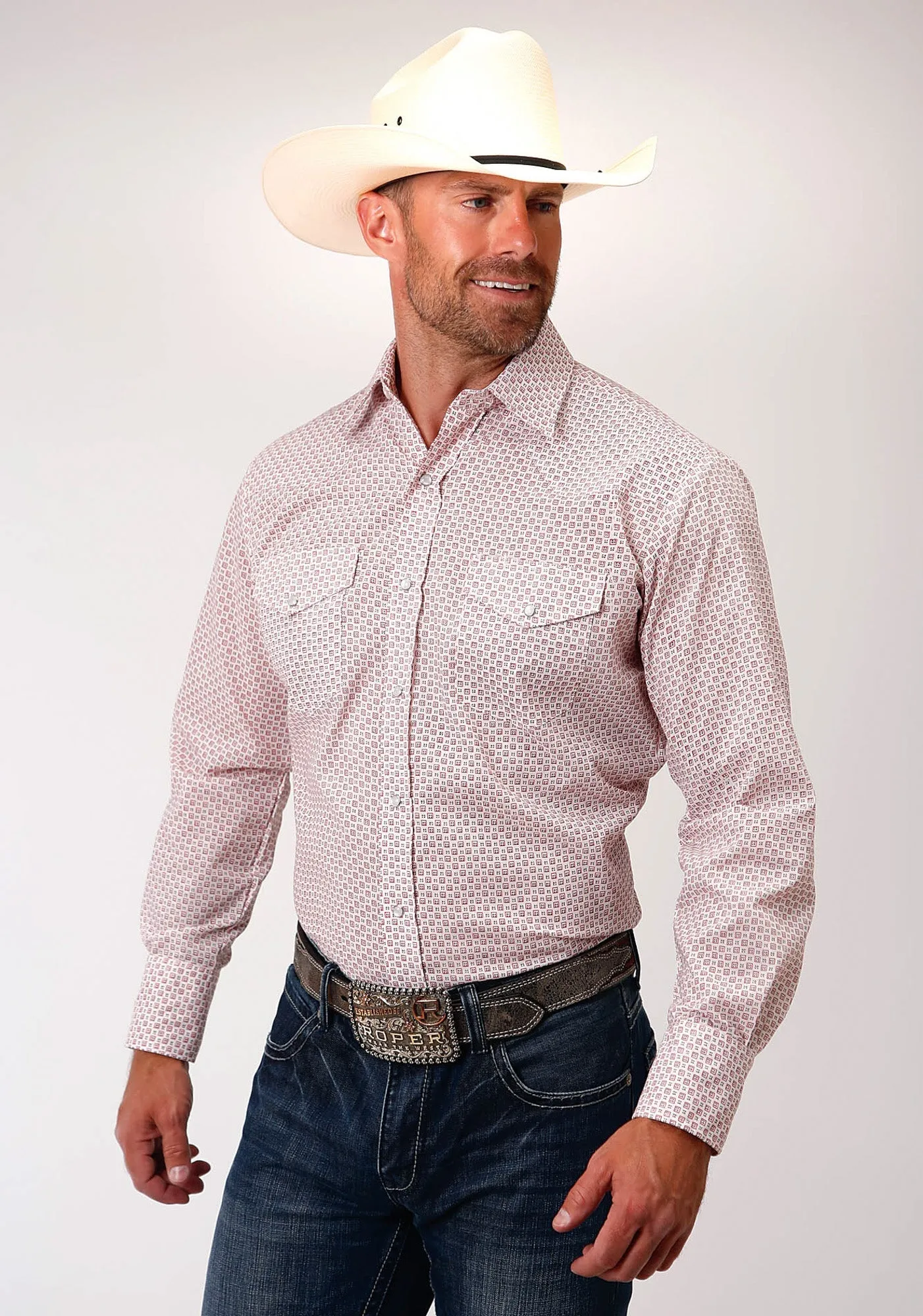 Moisture Management Tech Go-To Look Roper Mens White Cotton Blend Mini Block Print L/S Shirt