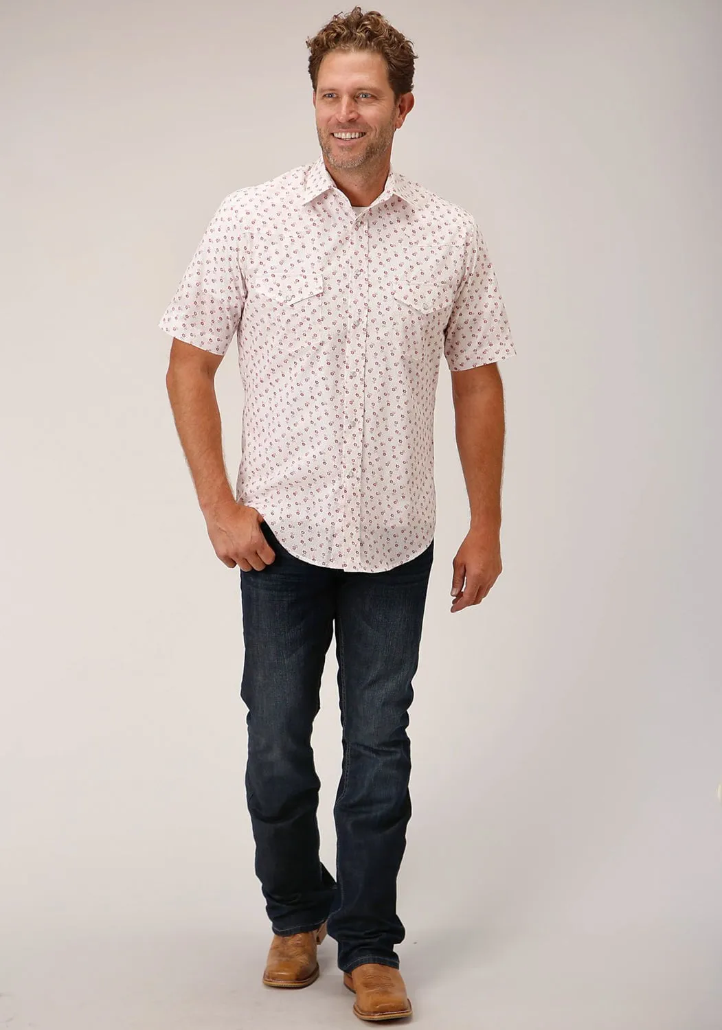 Roper Mens White/Red Cotton Blend Floral S/S 55/45 Shirt Tailored Cuffs