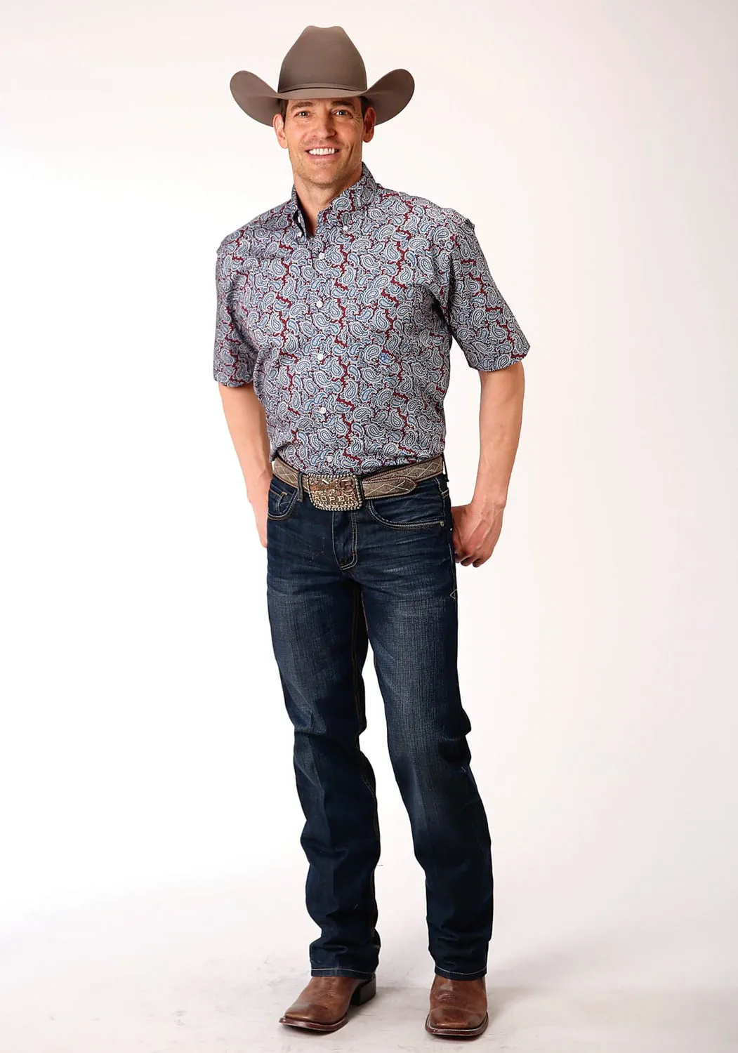 Metallic Finish Go-To Look Roper Mens Wine 100% Cotton Liberty Paisley BD S/S Shirt