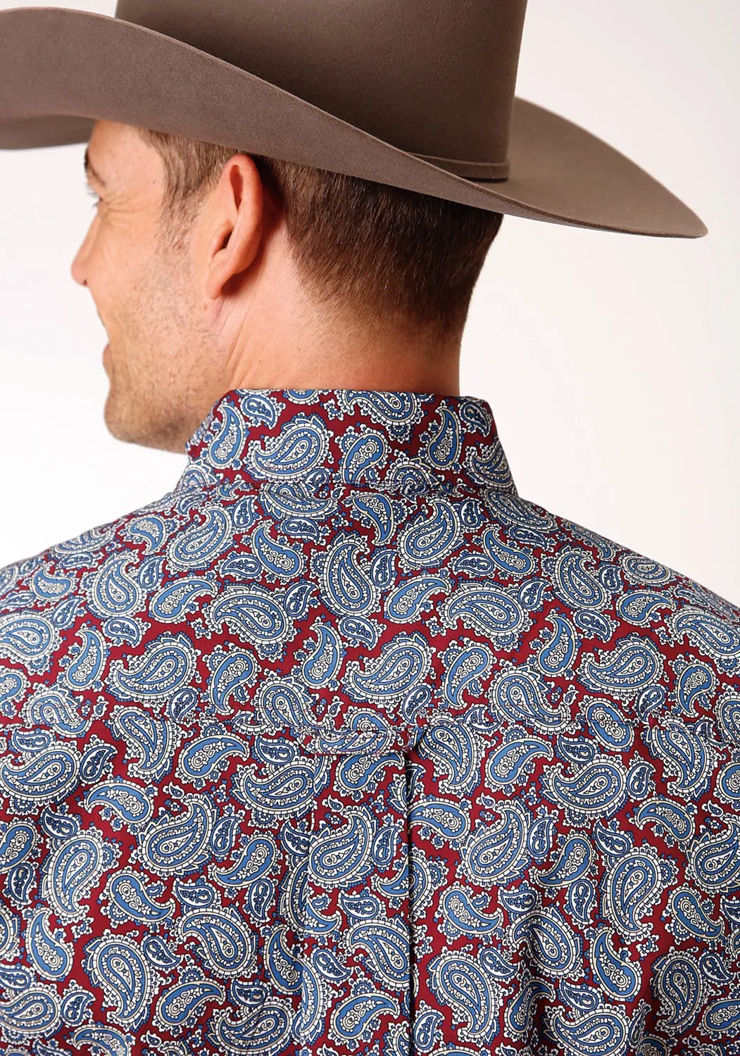 Roper Mens Wine 100% Cotton Liberty Paisley BD S/S Shirt Student Essential Casual Design