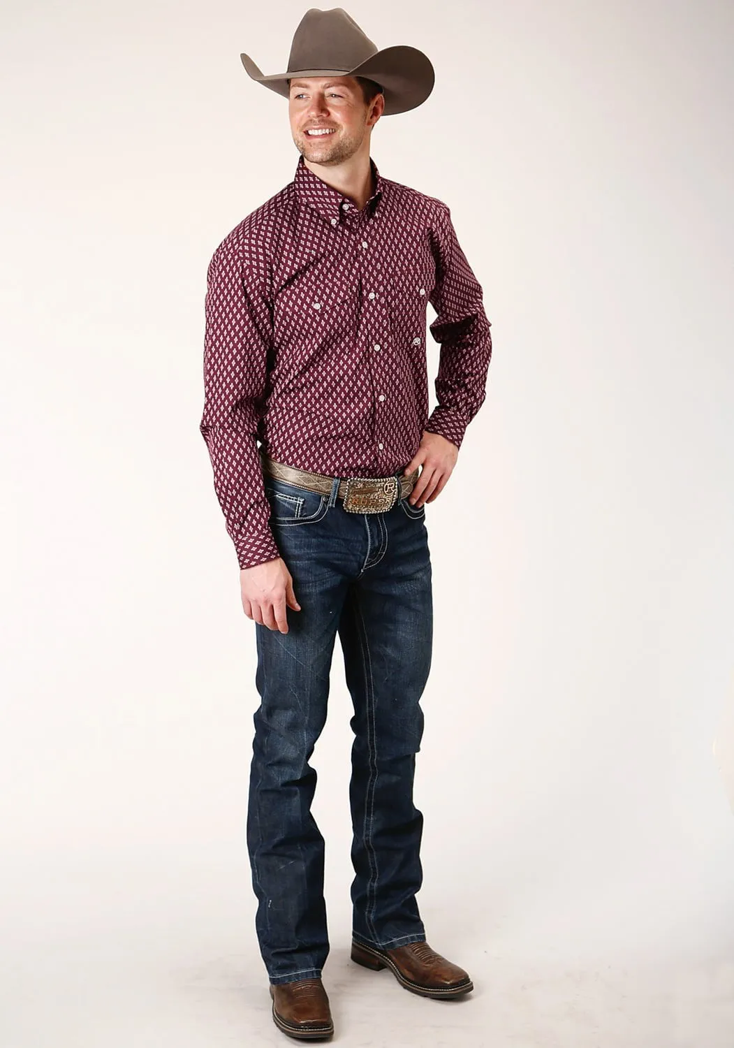 Classic Fit Roper Mens Wine 100% Cotton Point Diamonds BD L/S Btn Shirt