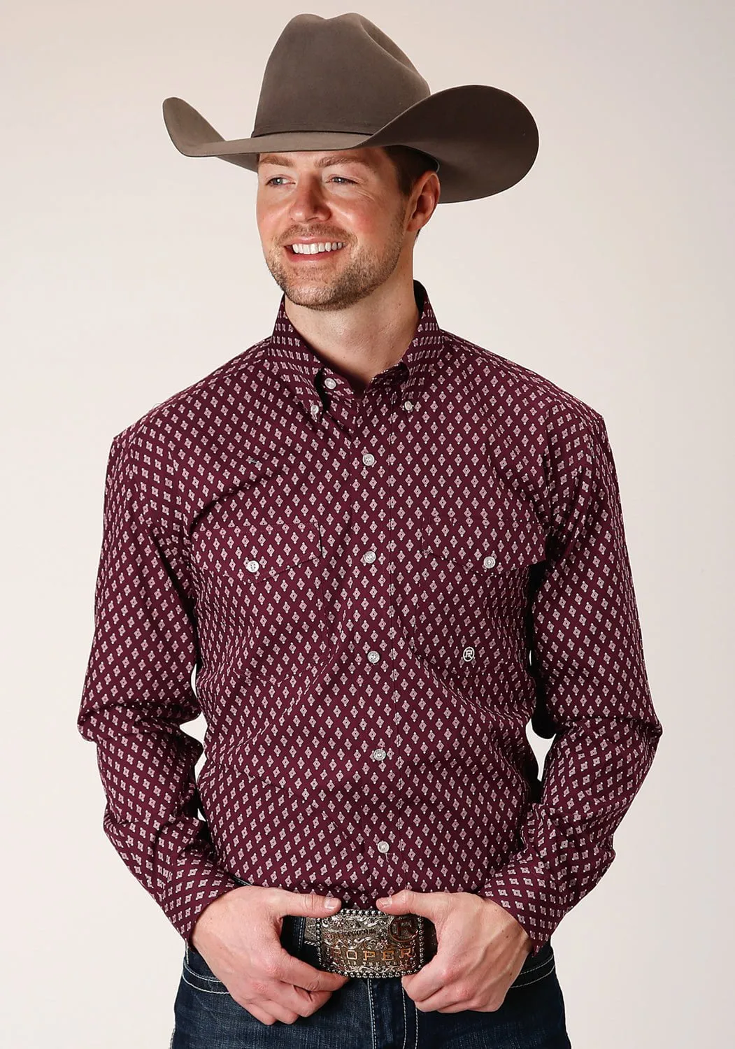 Fashionable Comfort Warm Weather Wear Roper Mens Wine 100% Cotton Point Diamonds BD L/S Btn Shirt
