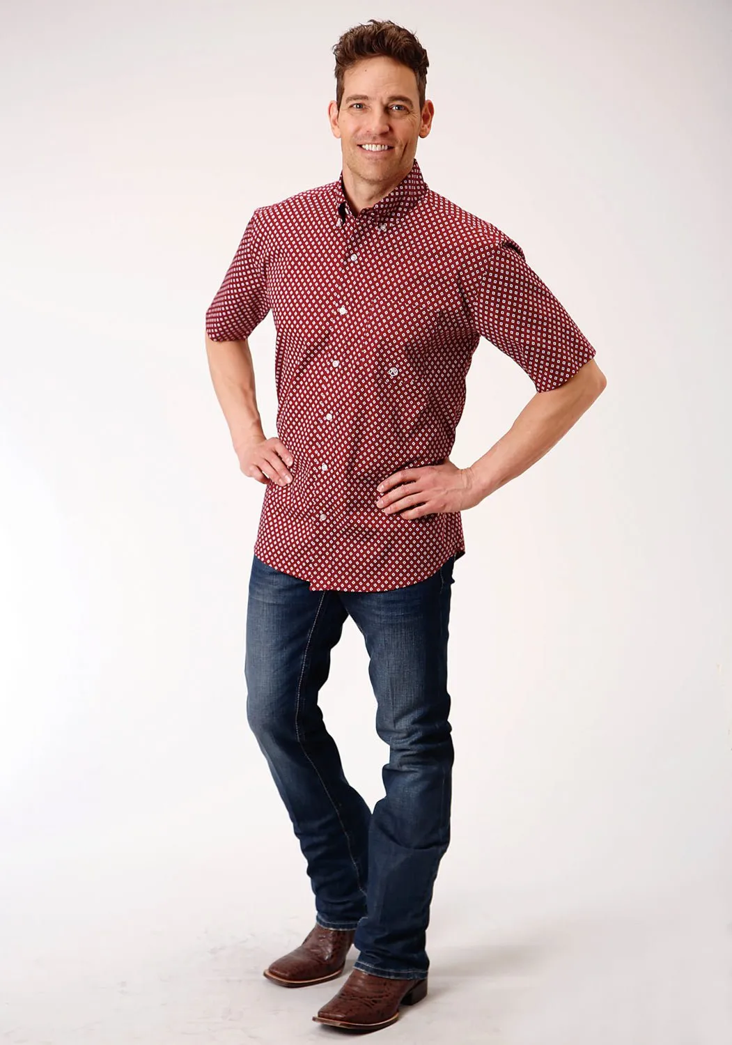 Reinforced Buttonholes Durable Texture Roper Mens Wine Cotton Blend 1 Pocket BD S/S Shirt