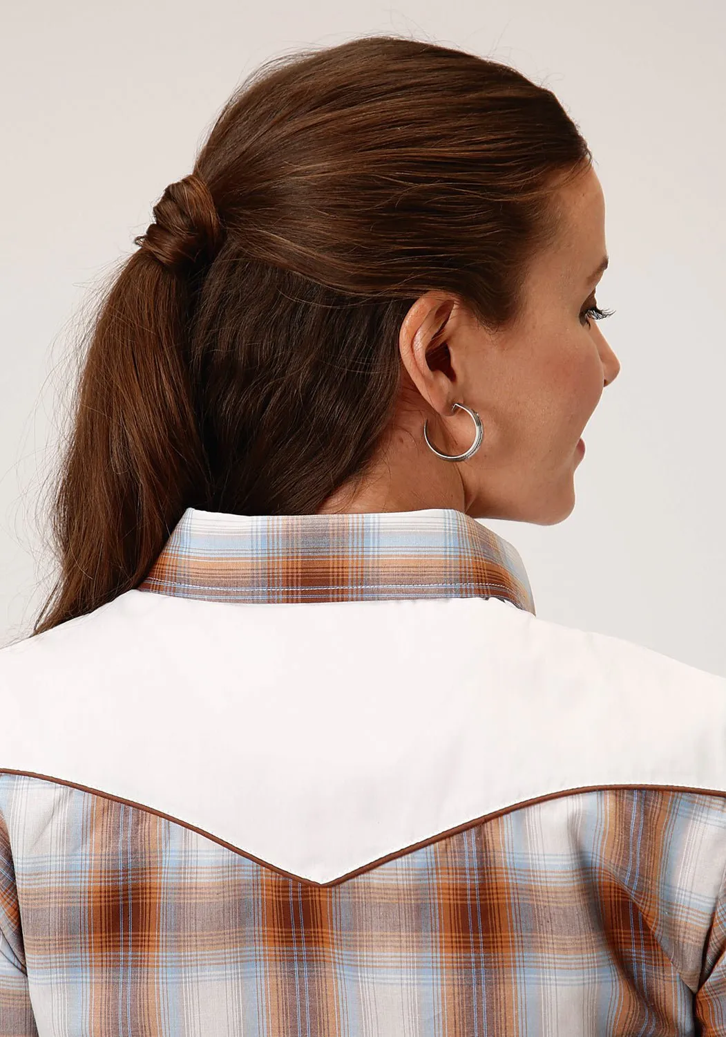 Roper Womens 1020 Plaid Butterscotch/Cream Cotton Blend Fancy L/S Shirt Trendy Fit