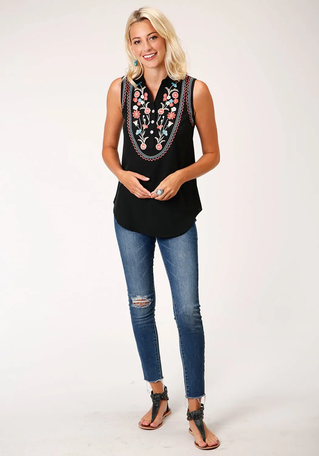 Roper Womens 1080 Floral Black 100% Polyester S/L Blouse Daytime Look Seasonal Comfort