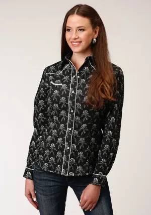 Roper Womens 1200 Floral Print Black/Cream Poly/Cotton Retro L/S Shirt stylish outfits Roper Womens 1200 Floral Print Black/Cream Poly/Cotton Retro L/S Shirt Non Iron Material Flexible Shoulder Construction