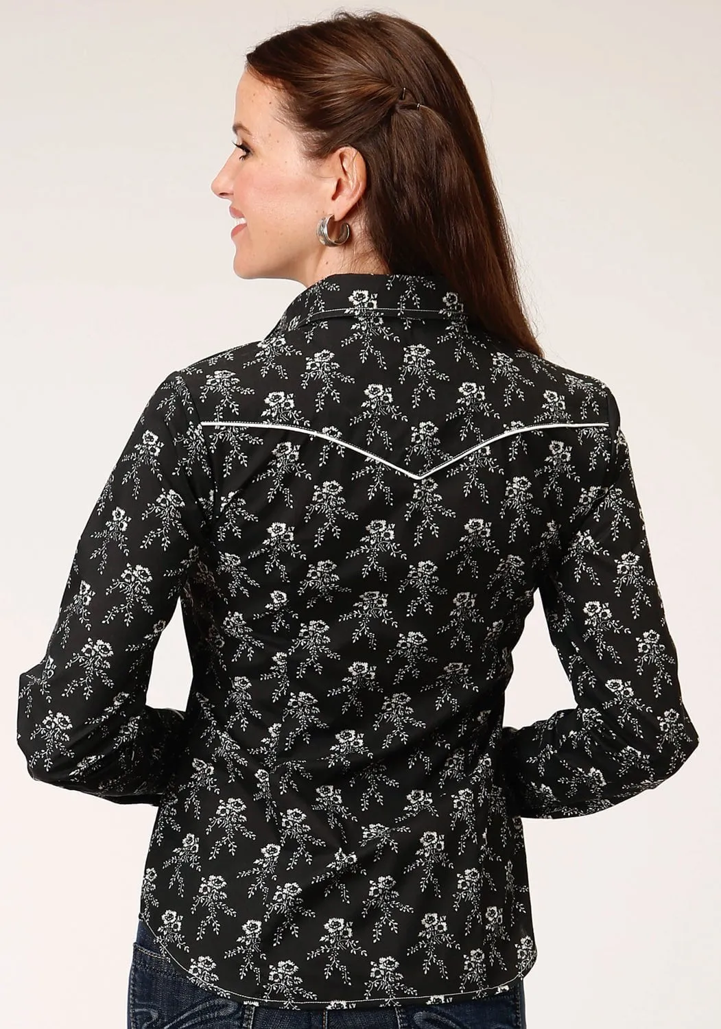Flexible Shoulder Construction Roper Womens 1200 Floral Print Black/Cream Poly/Cotton Retro L/S Shirt