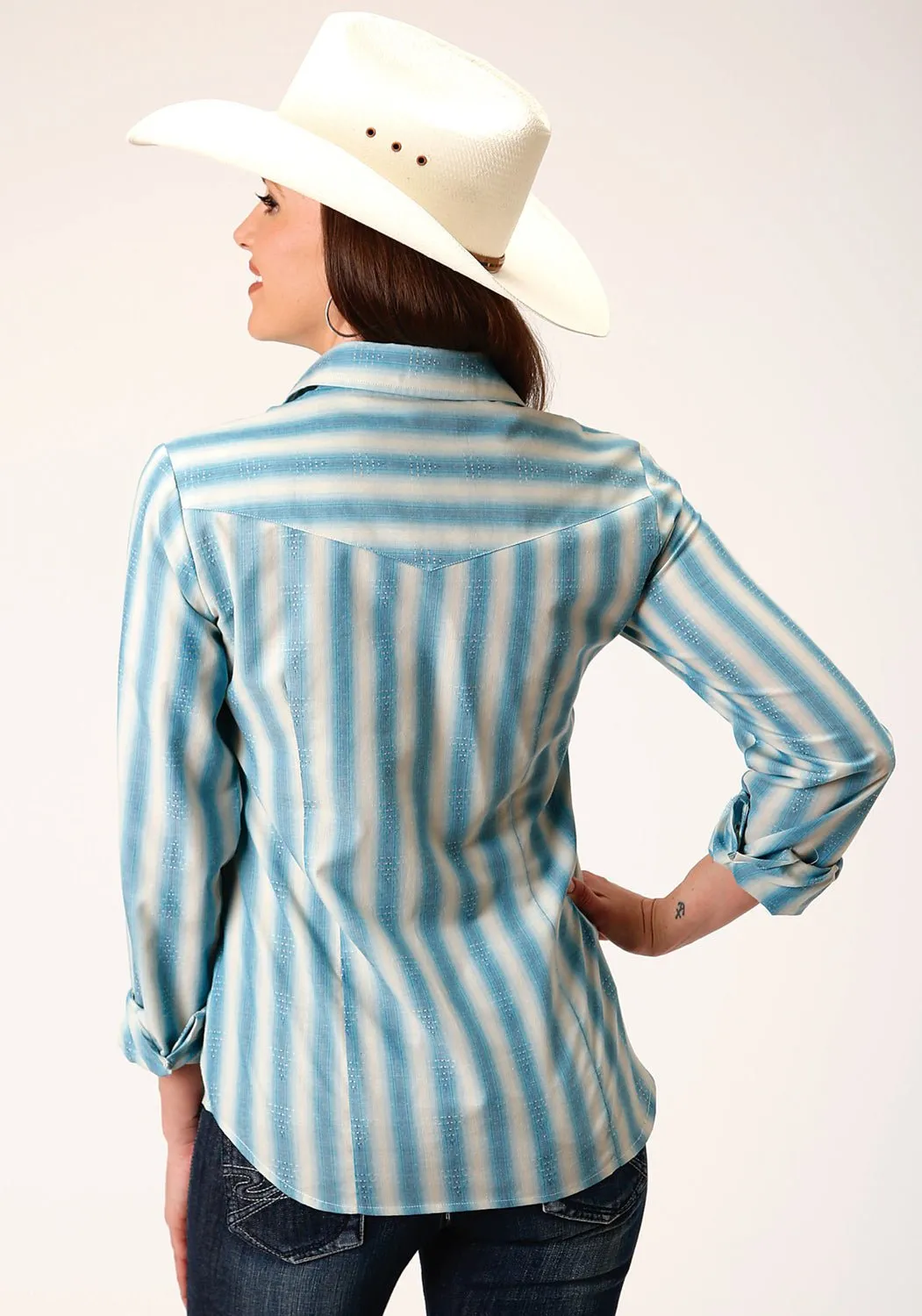 Odorless Binding Tape Versatile Layering Roper Womens 1503 Ombre Stripe Aqua/Cream Cotton Blend L/S Shirt