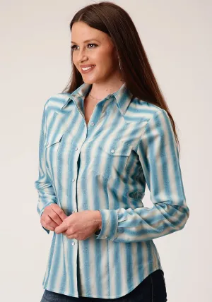 Roper Womens 1503 Ombre Stripe Aqua/Cream Cotton Blend L/S Shirt Advanced Stretch Recovery Roper Womens 1503 Ombre Stripe Aqua/Cream Cotton Blend L/S Shirt Adjustable Cuff Closure