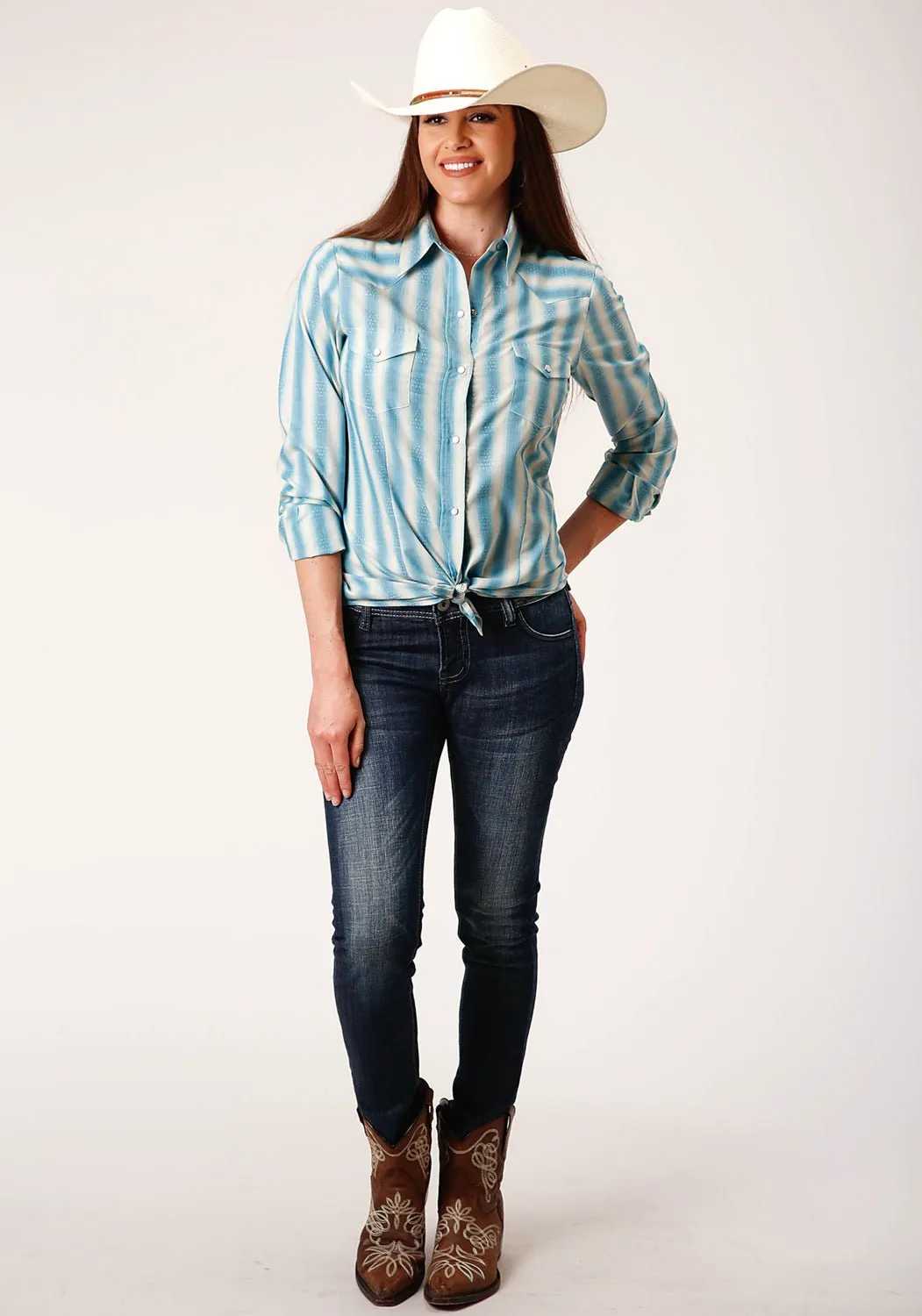 Roper Womens 1503 Ombre Stripe Aqua/Cream Cotton Blend L/S Shirt High-Quality Craftsmanship