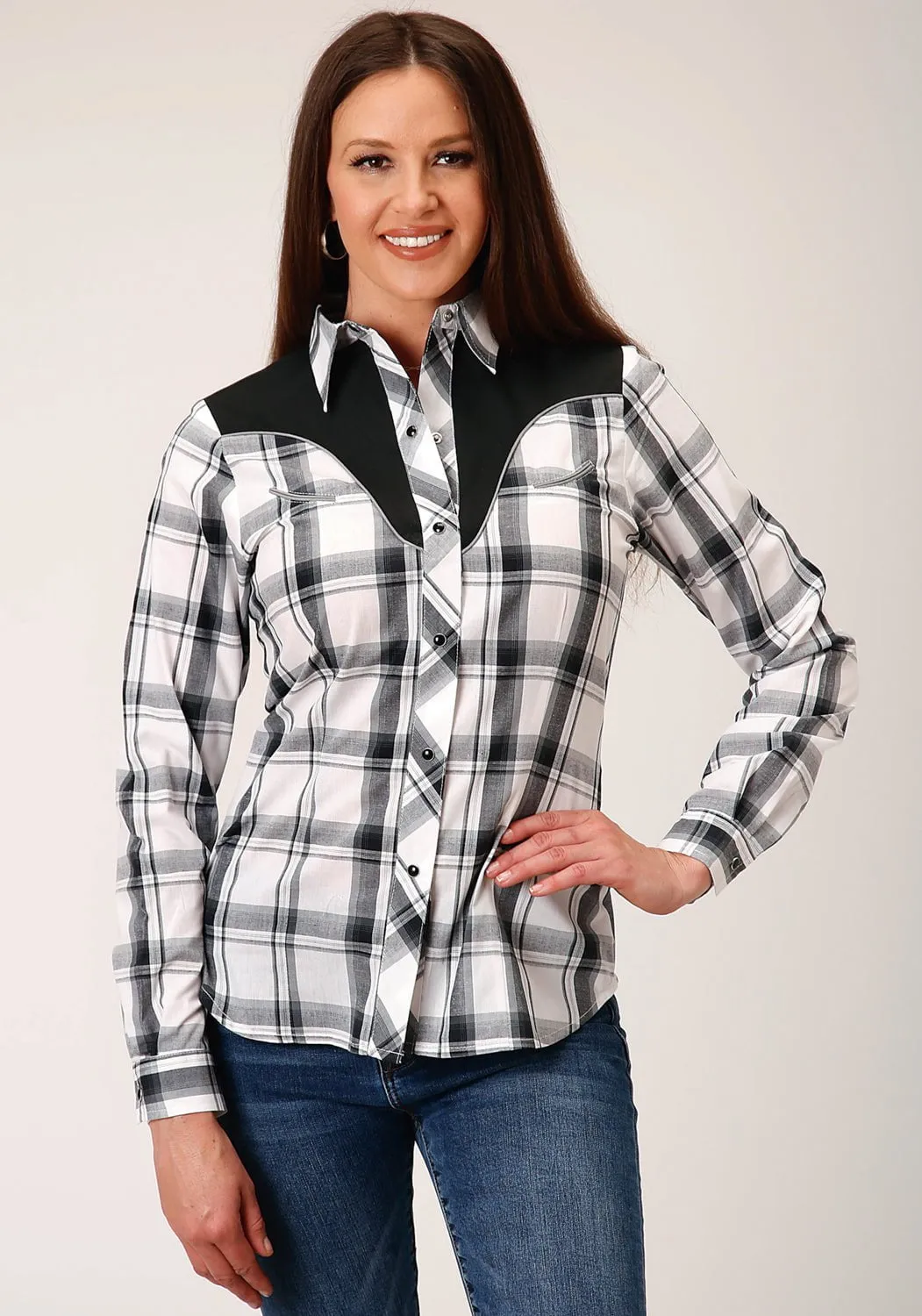 Trendy Layer Durable Fabric Roper Womens 1505 Plaid Black/Grey Cotton Blend L/S Shirt