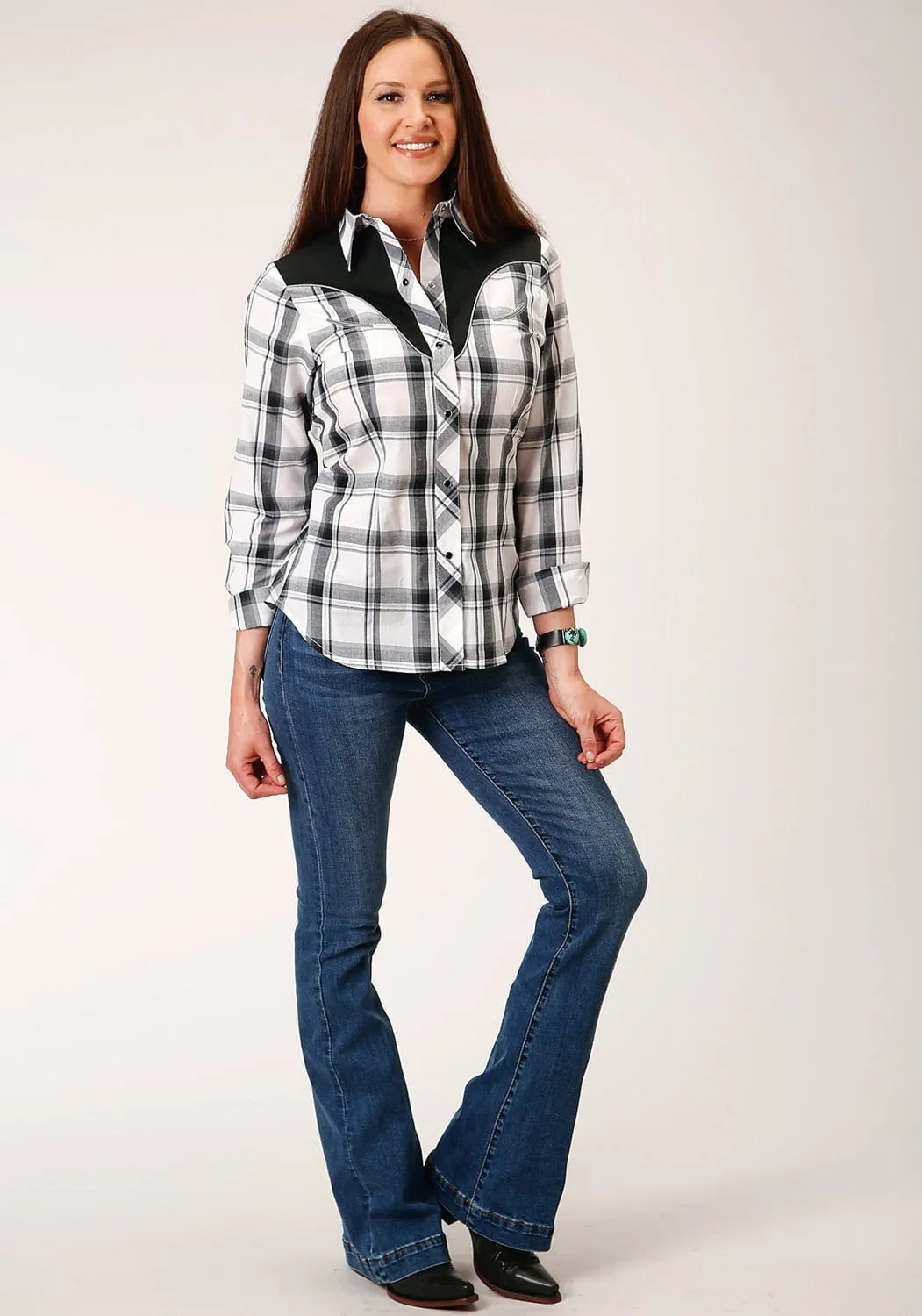 Breathable Style Organic Cotton Roper Womens 1505 Plaid Black/Grey Cotton Blend L/S Shirt