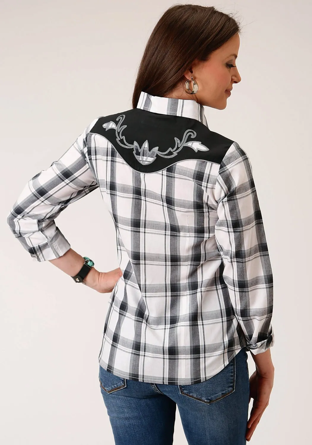 Roper Womens 1505 Plaid Black/Grey Cotton Blend L/S Shirt Elegant Finish Wedding guest