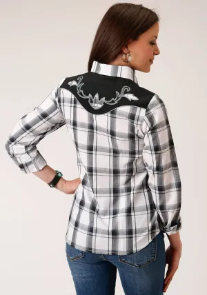 Roper Womens 1505 Plaid Black/Grey Cotton Blend L/S Shirt Bound Seam Construction Weekend Wear Roper Womens 1505 Plaid Black/Grey Cotton Blend L/S Shirt