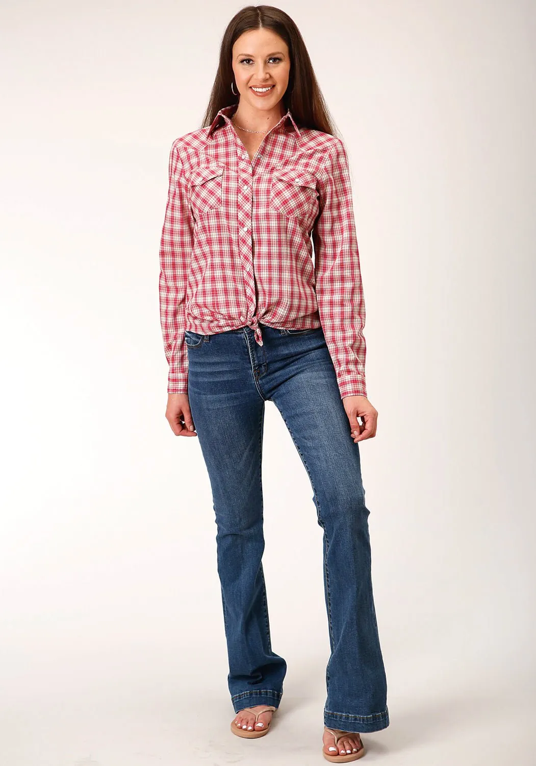 Mesh Insert Layering Piece Roper Womens 1508 Small Scale Multi Red Cotton Blend L/S Shirt