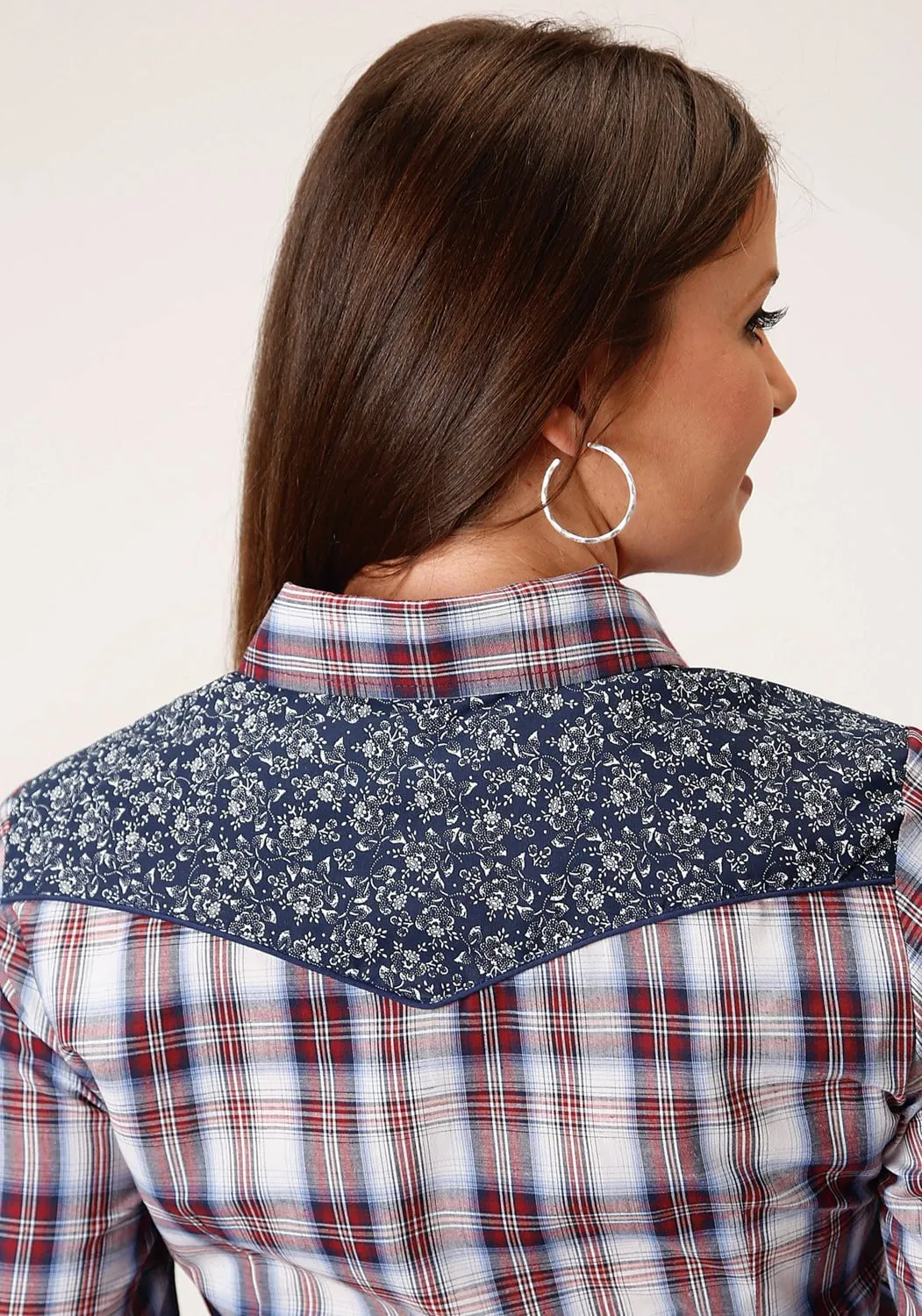 Roper Womens 1510 Plaid Wine/Navy Cotton Blend Retro L/S Shirt Perfect Fit Yoke Design
