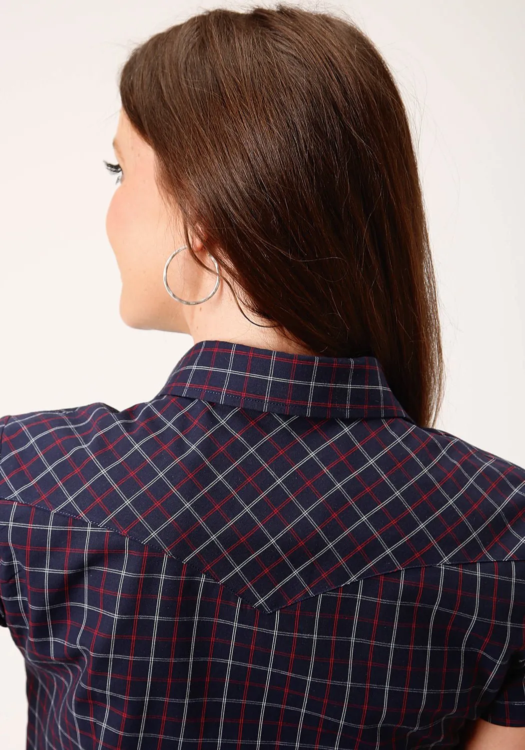 Roper Womens 1513 Windowpane Navy/Red Cotton Blend S/S Shirt Active Layering
