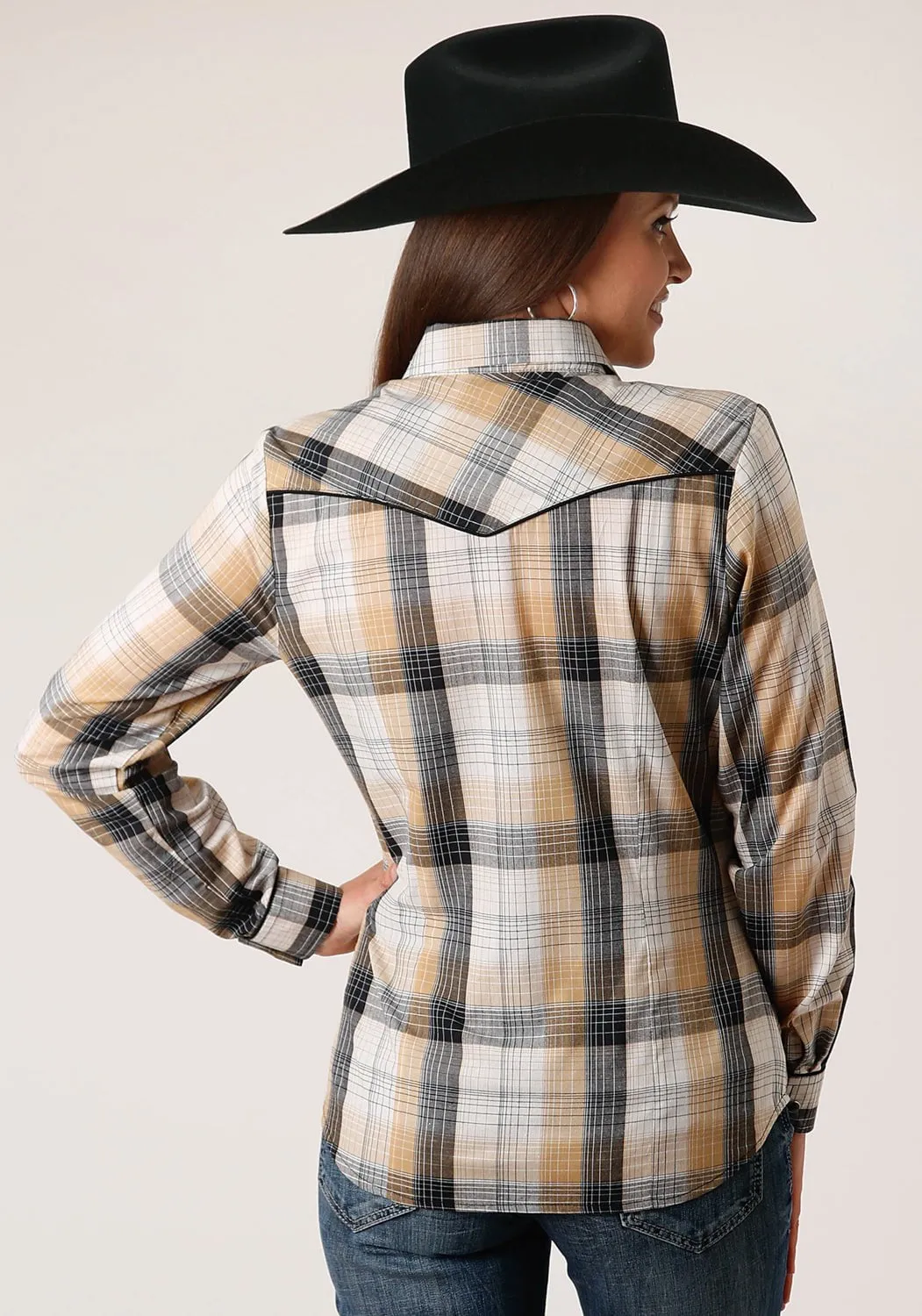 Roper Womens 1514 Plaid Black/White Cotton Blend L/S Shirt Modern Appeal