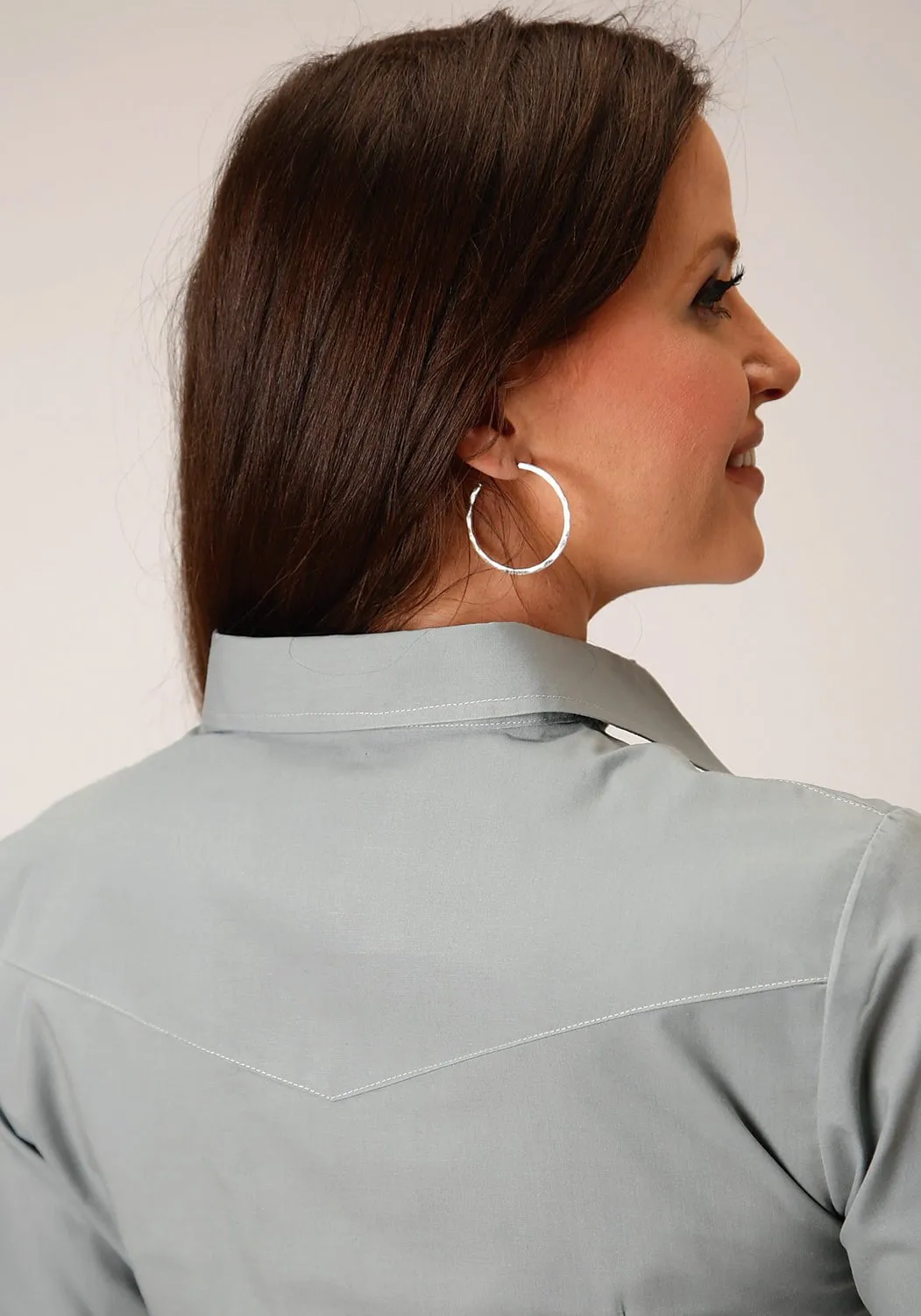 Roper Womens 1551 Solid Broadcloth Dusty Green Cotton Blend L/S Shirt Lightweight Weave
