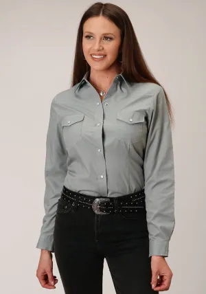 Roper Womens 1551 Solid Broadcloth Dusty Green Cotton Blend L/S Shirt Batwing Style Roper Womens 1551 Solid Broadcloth Dusty Green Cotton Blend L/S Shirt Durable Buttons