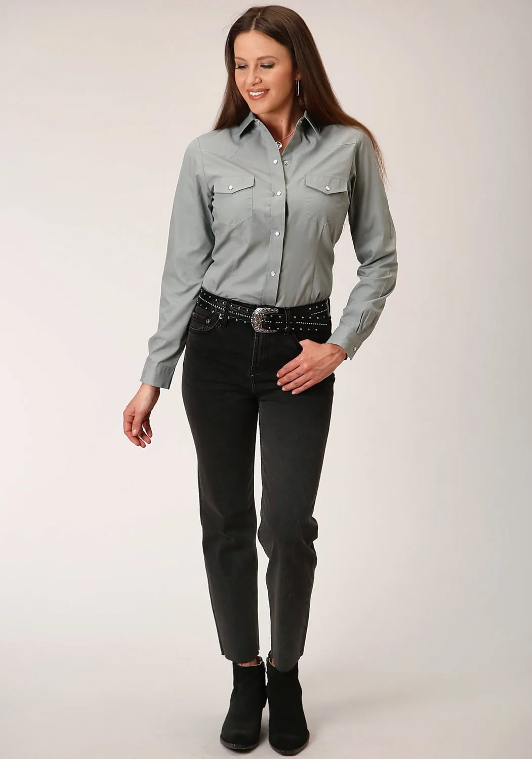 Hypoallergenic Lining Roper Womens 1551 Solid Broadcloth Dusty Green Cotton Blend L/S Shirt