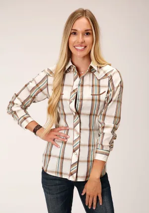 Roper Womens 1633 Large Scale Brown/Green Cotton Blend Retro L/S Shirt Thermal regulation Denim Blend Roper Womens 1633 Large Scale Brown/Green Cotton Blend Retro L/S Shirt