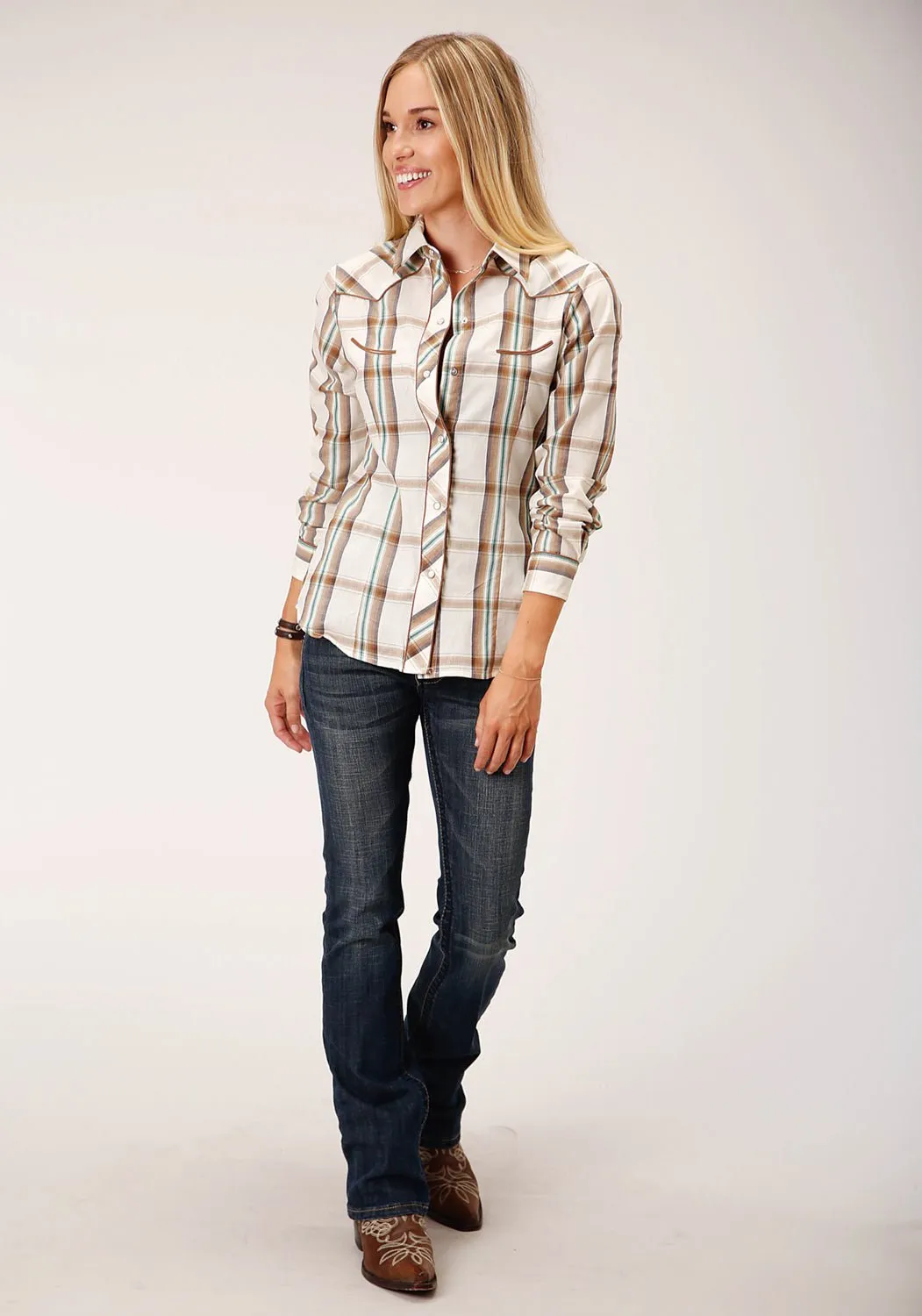 Streamlined Design Polka Dot Roper Womens 1633 Large Scale Brown/Green Cotton Blend Retro L/S Shirt