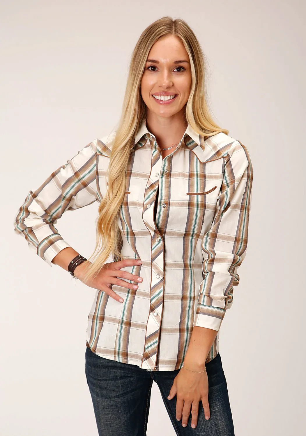 Denim Blend Roper Womens 1633 Large Scale Brown/Green Cotton Blend Retro L/S Shirt