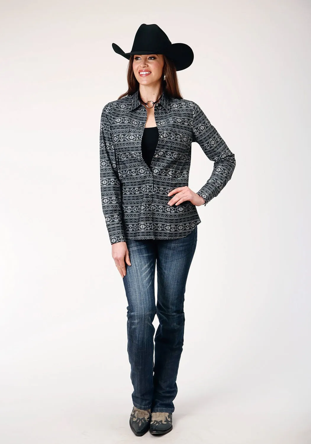 All-day Comfort Flexible Placket Structure Roper Womens 1850 Aztec Stripe Black 100% Cotton L/S Shirt