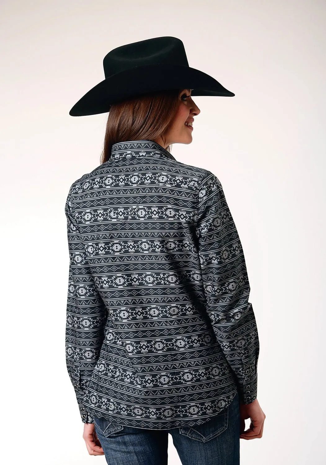 Twill Weave Moisture Wicking Layer Roper Womens 1850 Aztec Stripe Black 100% Cotton L/S Shirt