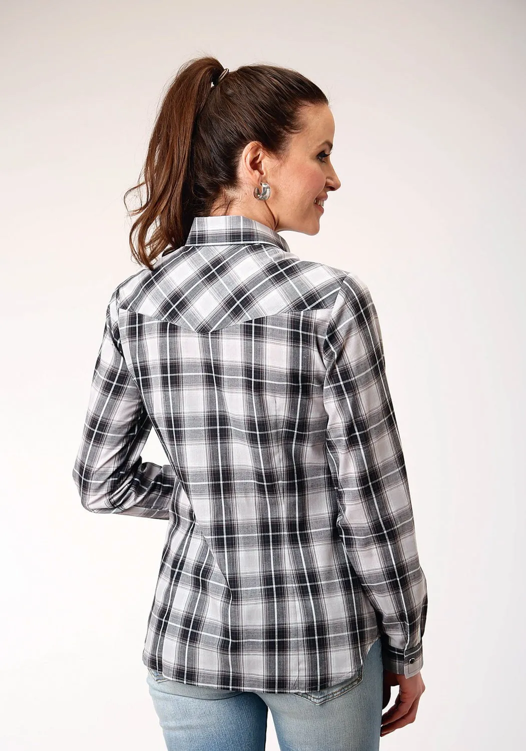 Compact Packing Comfort First Fit Roper Womens 1881 Plaid Black/Aqua Cotton Blend L/S Shirt