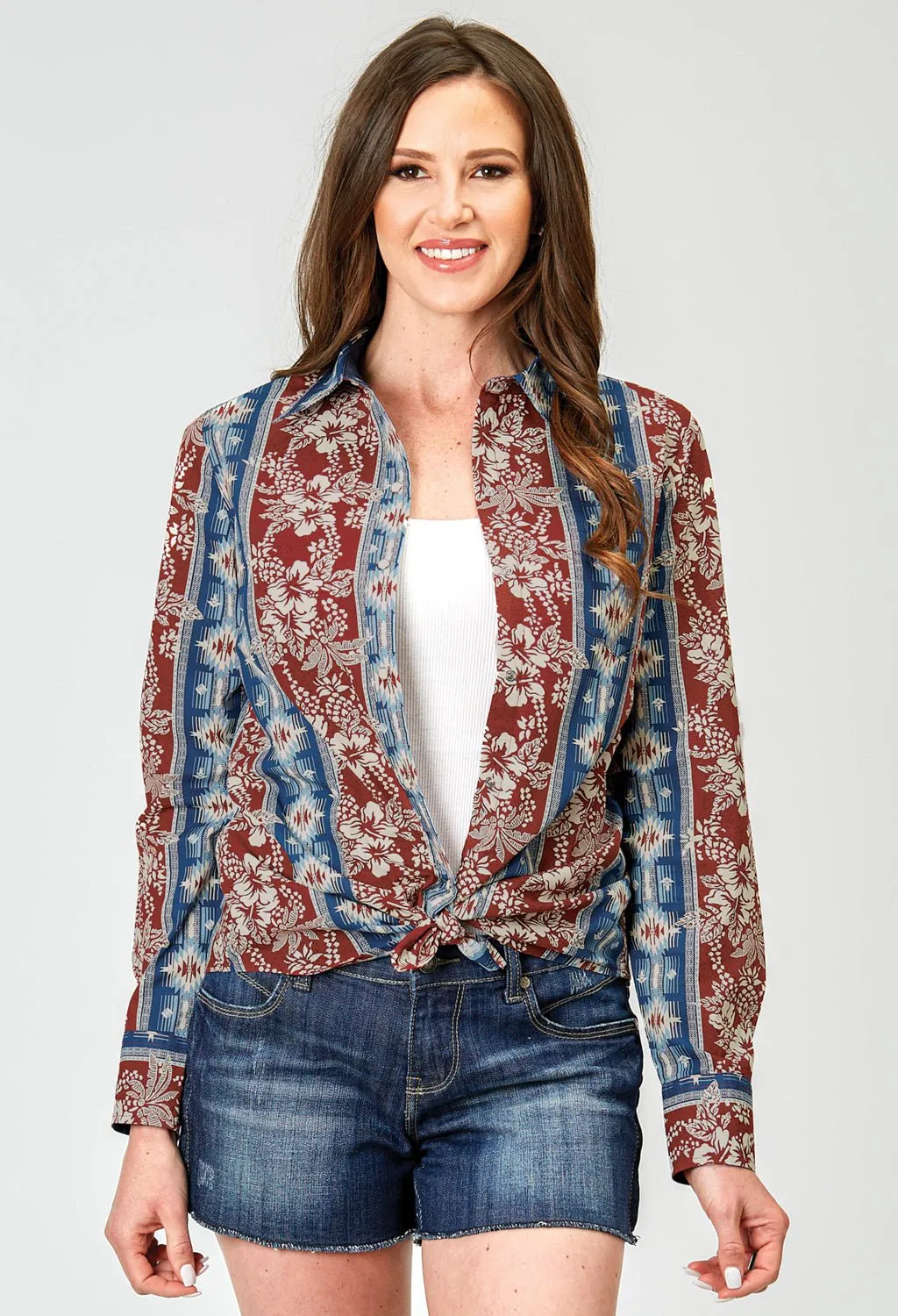 Roper Womens 1893 Vertical Tropical Aztec Red 100% Cotton L/S Shirt birthday party hypoallergenic material