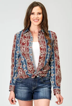 Roper Womens 1893 Vertical Tropical Aztec Red 100% Cotton L/S Shirt Non Iron Roper Womens 1893 Vertical Tropical Aztec Red 100% Cotton L/S Shirt Subtle patterns